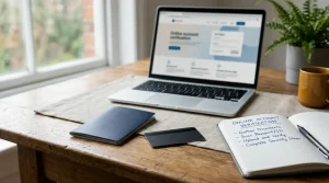 Blank ID booklet beside a notebook and laptop on a quiet desk