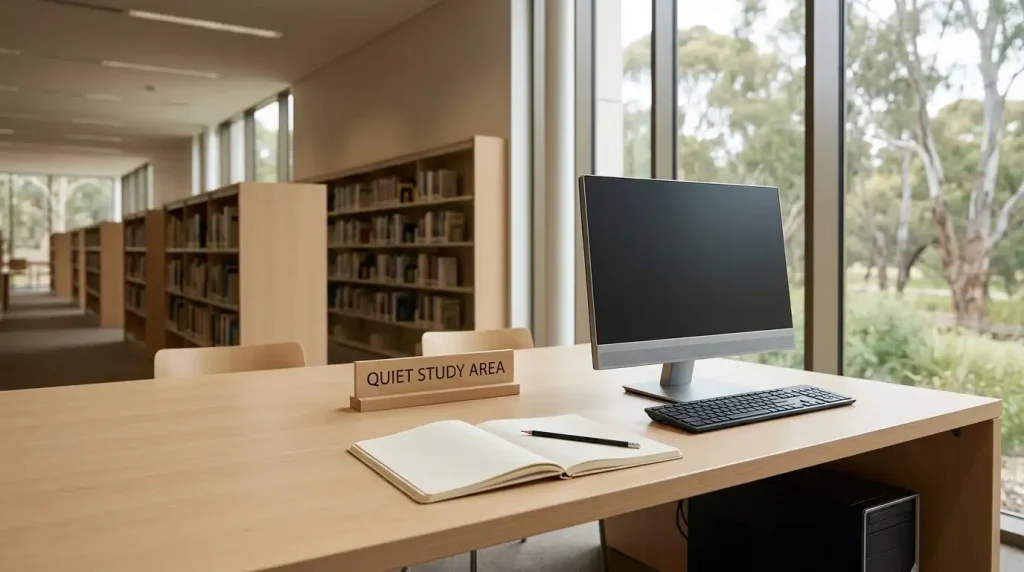 Public library reading desk with an open notebook and a computer beside a window