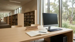 Public library reading desk with an open notebook and a computer beside a window