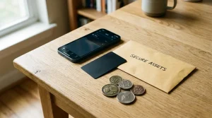 A blank card, an unbranded phone and simple metal tokens arranged on a wooden desk