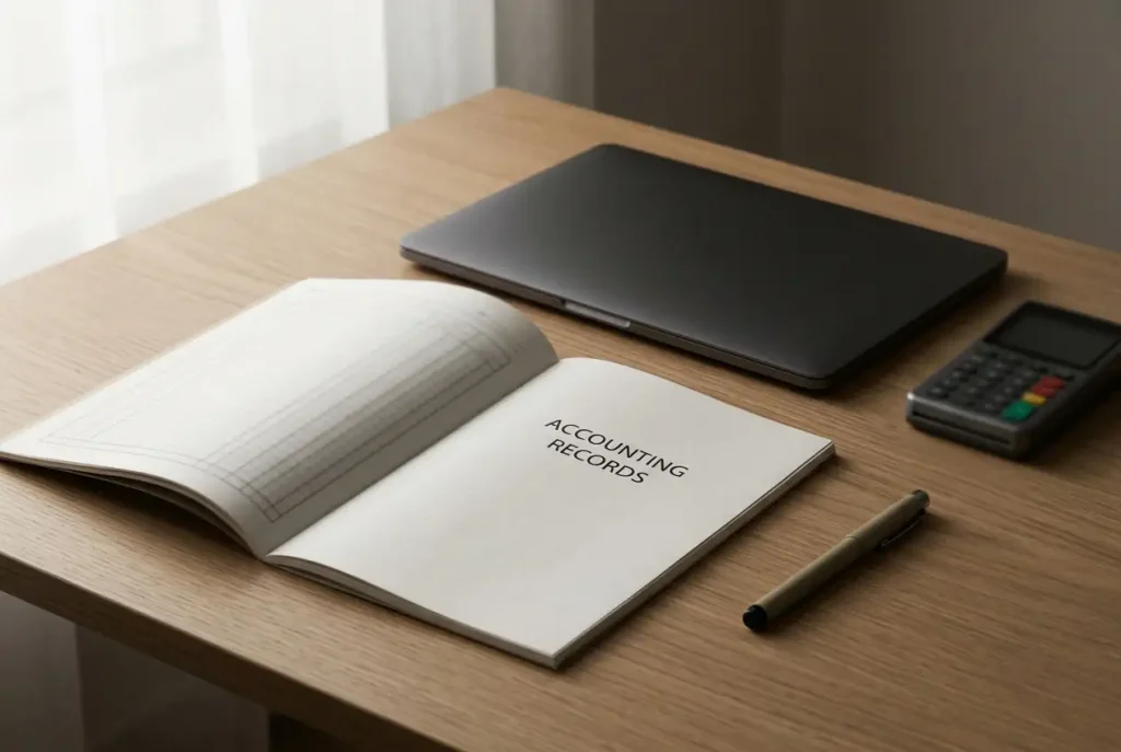 An open paper ledger beside a closed laptop and a plain digital transfer device on a quiet desk