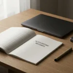 An open paper ledger beside a closed laptop and a plain digital transfer device on a quiet desk
